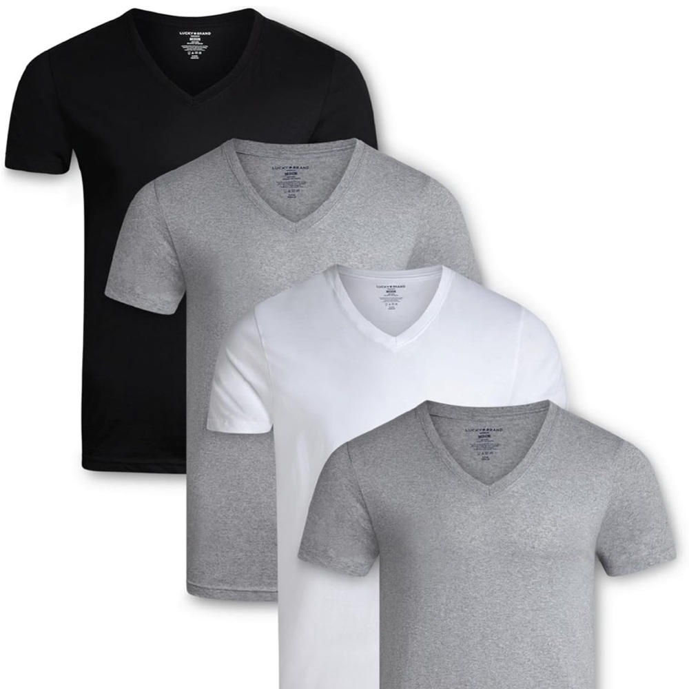 Lucky Brand Men’s V-Neck Tee 4-Pack in Black, White & Gray